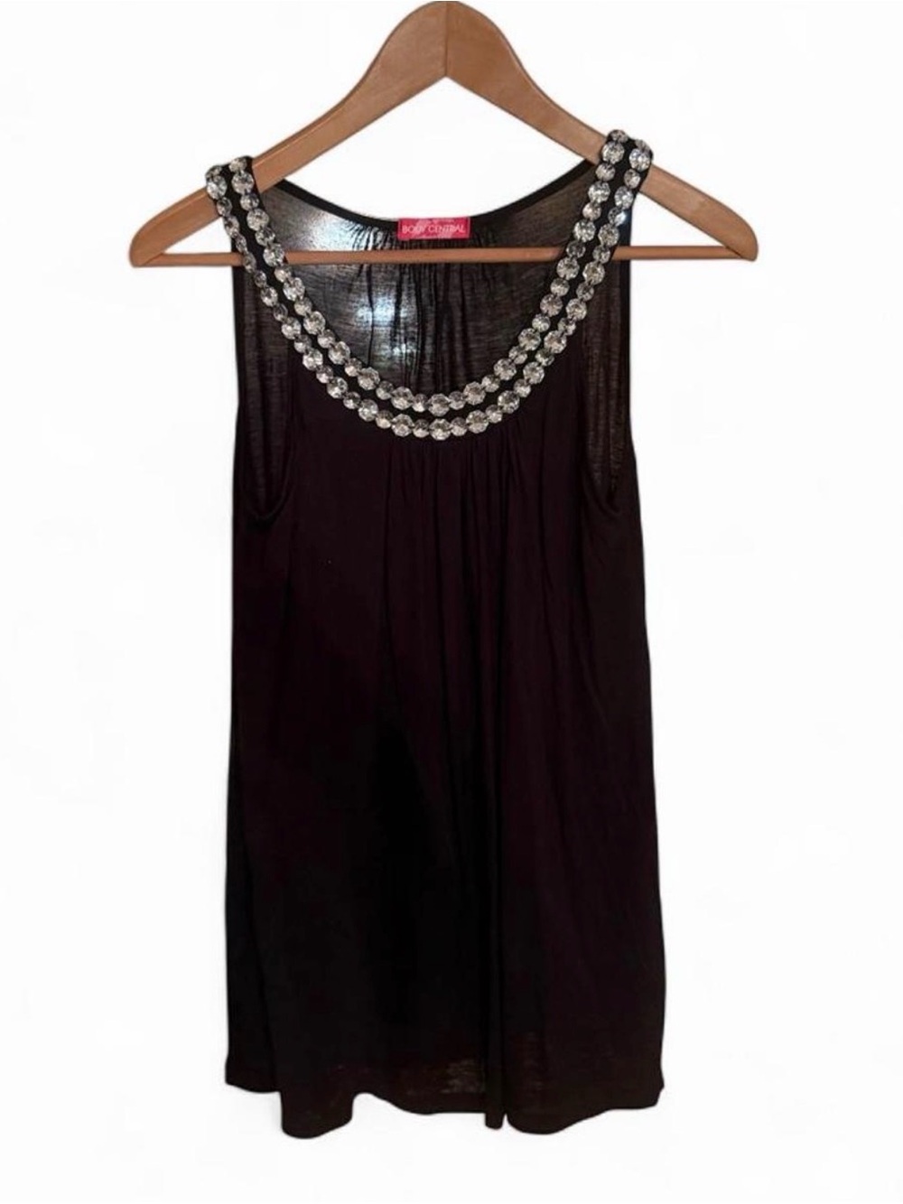 Body Central Black Rhinestone Scoop Neck Tank Top Ruched Women’s Size L  Y2K